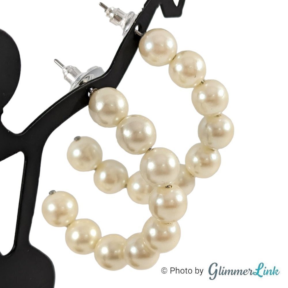White Faux Pearl Half Hoop Silver Tone Pierced Earrings